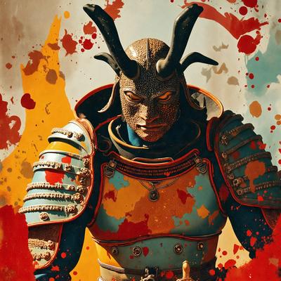 The primary subject of the image is a person wearing a suit of armor, which is a mix of blue and yellow colors. The setting is a dark room with a red background, giving the scene a dramatic and intense atmosphere. The visual style appears to be a combination of digital art and illustration, creating a unique and intriguing image. The colors and mood convey a sense of power and strength, with the red background adding a touch of danger and intensity to the scene.